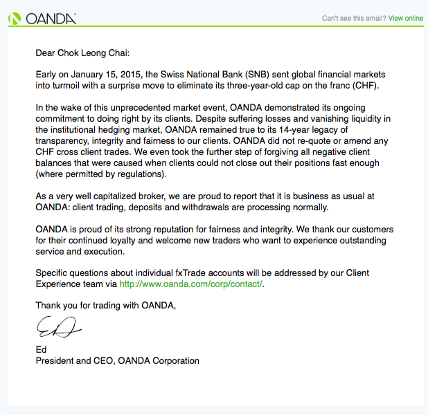 OANDA stands with clients in the wake of Swiss National Bank shock